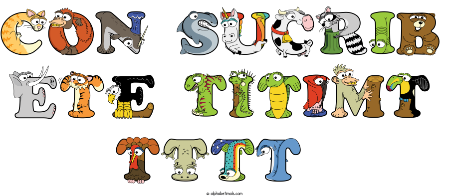 Con Sucrib Ete Titimt Tttt animal word art spelling Con Sucrib Ete Titimt Tttt with Alphabetimals - cartoon alphabet animals