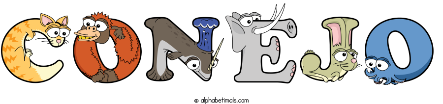 Conejo animal word art spelling Conejo with Alphabetimals - cartoon alphabet animals
