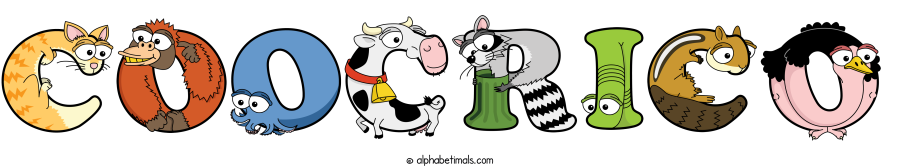 Coocrico animal word art spelling Coocrico with Alphabetimals - cartoon alphabet animals