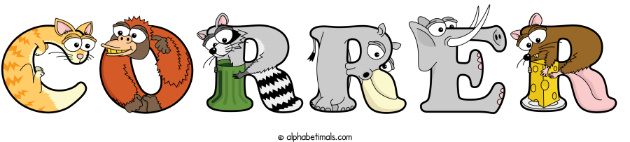 Correr animal word art spelling Correr with Alphabetimals - cartoon alphabet animals