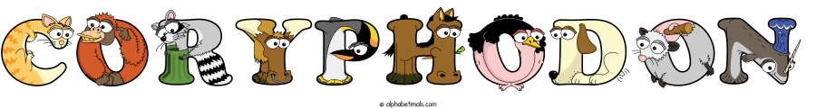 Coryphodon animal word art spelling Coryphodon with Alphabetimals - cartoon alphabet animals