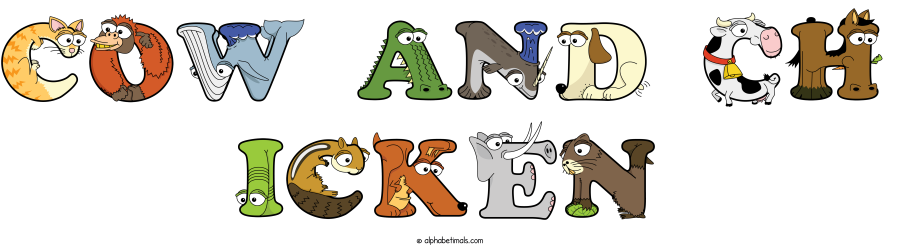 Cow And Ch Icken animal word art spelling Cow And Ch Icken with Alphabetimals - cartoon alphabet animals