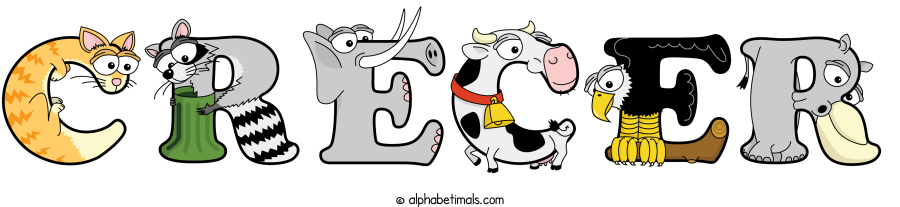 Crecer animal word art spelling Crecer with Alphabetimals - cartoon alphabet animals