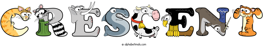 Crescent animal word art spelling Crescent with Alphabetimals - cartoon alphabet animals
