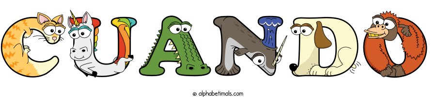 Cuando animal word art spelling Cuando with Alphabetimals - cartoon alphabet animals