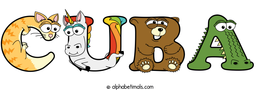 Cuba animal word art spelling Cuba with Alphabetimals - cartoon alphabet animals
