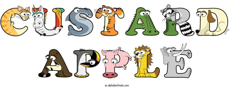 Custard Apple animal word art spelling Custard Apple with Alphabetimals cartoon alphabet animals