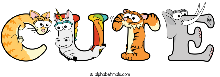 Cute animal word art spelling Cute with Alphabetimals - cartoon alphabet animals