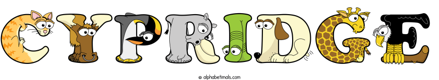 Cypridge animal word art spelling Cypridge with Alphabetimals cartoon alphabet animals