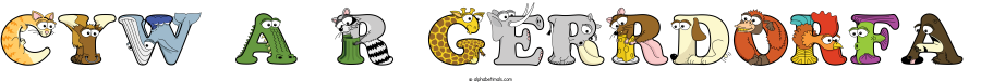 Cyw A R Gerrdorfa animal word art spelling Cyw A R Gerrdorfa with Alphabetimals - cartoon alphabet animals