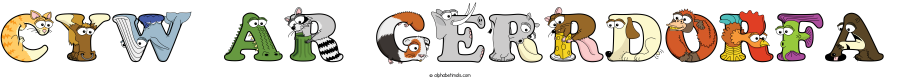 Cyw Ar Gerrdorfa animal word art spelling Cyw Ar Gerrdorfa with Alphabetimals - cartoon alphabet animals