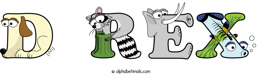 D Rex animal word art spelling D Rex with Alphabetimals - cartoon alphabet animals