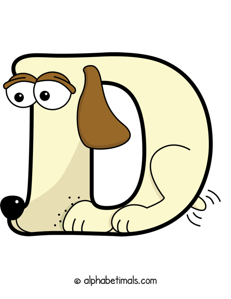 D animal word art spelling D with Alphabetimals - cartoon alphabet animals
