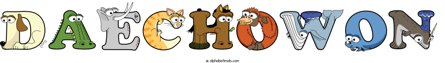 Daechowon animal word art spelling Daechowon with Alphabetimals - cartoon alphabet animals