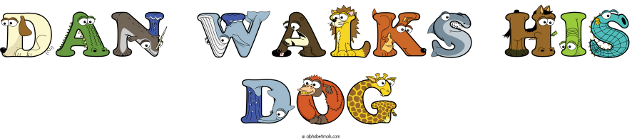 Dan Walks His Dog animal word art spelling Dan Walks His Dog with Alphabetimals - cartoon alphabet animals