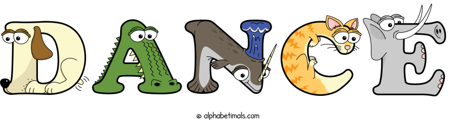 Dance animal word art spelling Dance with Alphabetimals - cartoon alphabet animals