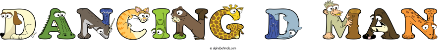 Dancing D Man animal word art spelling Dancing D Man with Alphabetimals - cartoon alphabet animals