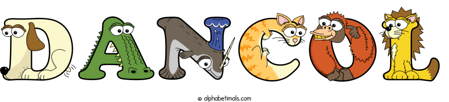 Dancol animal word art spelling Dancol with Alphabetimals - cartoon alphabet animals