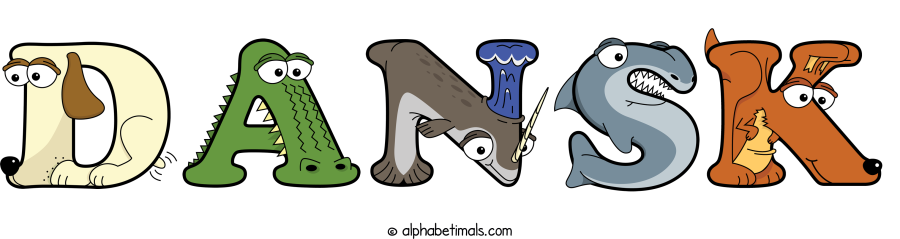 Dansk animal word art spelling Dansk with Alphabetimals - cartoon alphabet animals