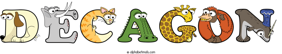 Decagon animal word art spelling Decagon with Alphabetimals - cartoon alphabet animals
