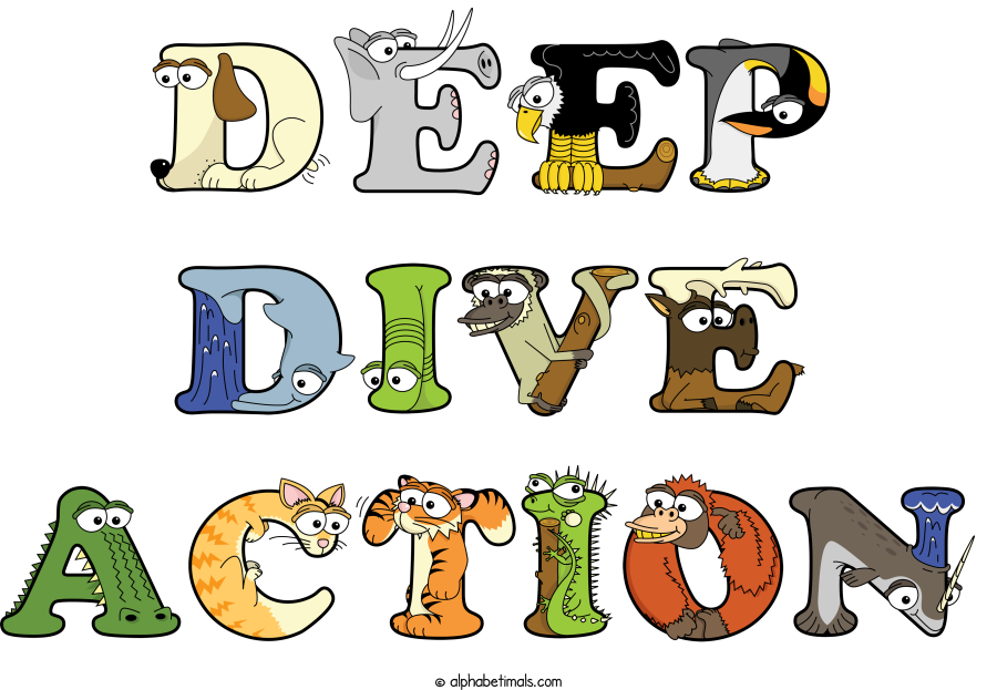 Deep Dive Action animal word art spelling Deep Dive Action with Alphabetimals - cartoon alphabet animals