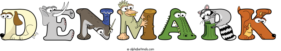 Denmark animal word art spelling Denmark with Alphabetimals - cartoon alphabet animals