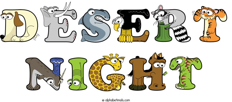 Desert Night animal word art spelling Desert Night with Alphabetimals - cartoon alphabet animals