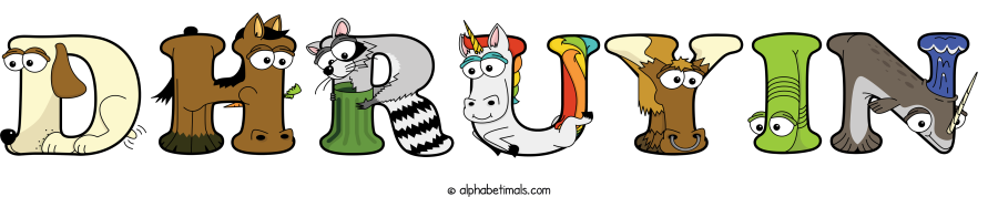 Dhruyin animal word art spelling Dhruyin with Alphabetimals - cartoon alphabet animals