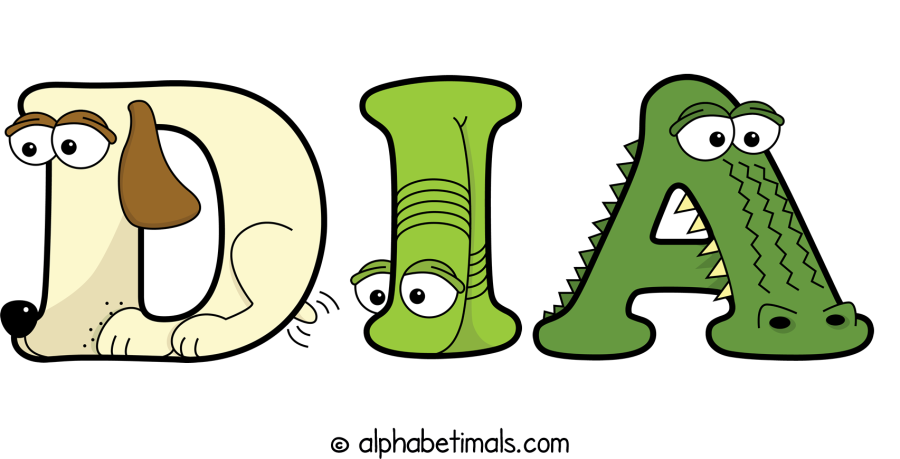 Dia animal word art spelling Dia with Alphabetimals - cartoon alphabet animals