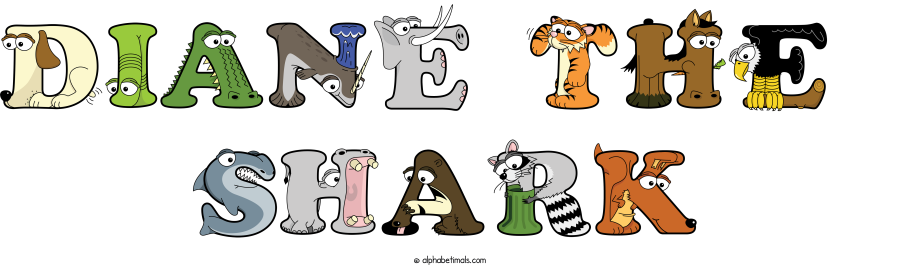 Diane The  Shark animal word art spelling Diane The  Shark with Alphabetimals - cartoon alphabet animals