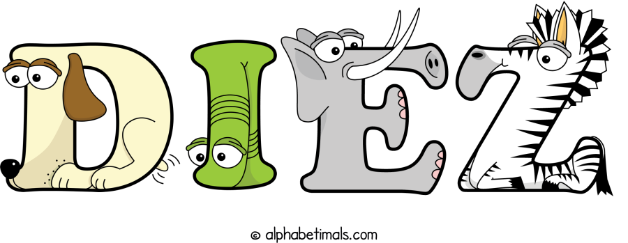 Diez animal word art spelling Diez with Alphabetimals - cartoon alphabet animals