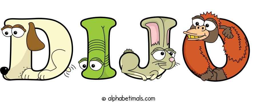 Dijo animal word art spelling Dijo with Alphabetimals - cartoon alphabet animals