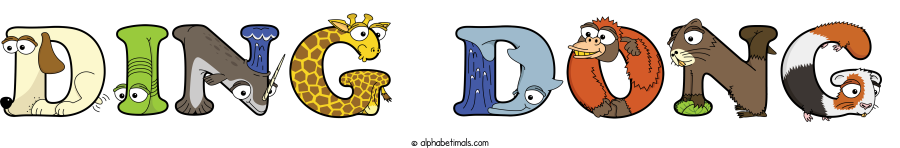 Ding Dong animal word art spelling Ding Dong with Alphabetimals - cartoon alphabet animals