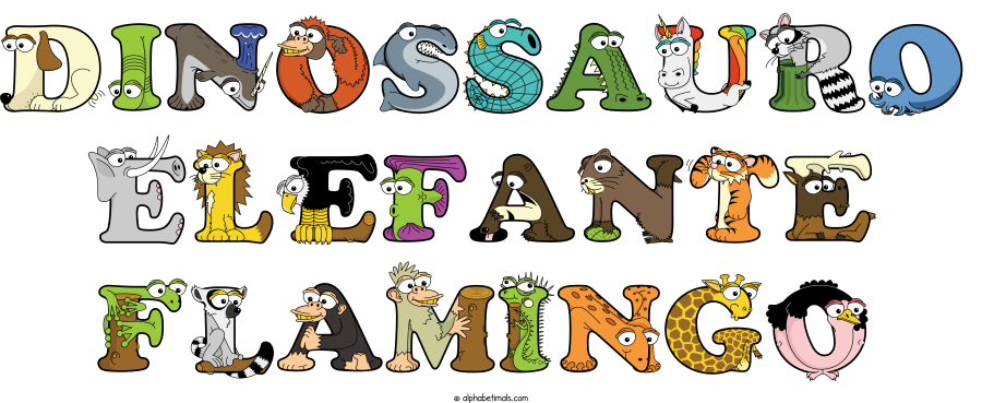 Dinossauro Elefante Flamingo animal word art spelling Dinossauro Elefante Flamingo with Alphabetimals - cartoon alphabet animals