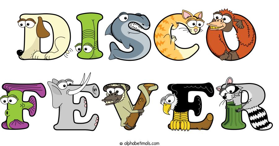 Disco Fever animal word art spelling Disco Fever with Alphabetimals - cartoon alphabet animals