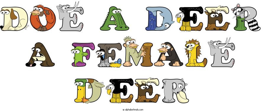 Doe A Deer  A Female  Deer animal word art spelling Doe A Deer  A Female  Deer with Alphabetimals - cartoon alphabet animals