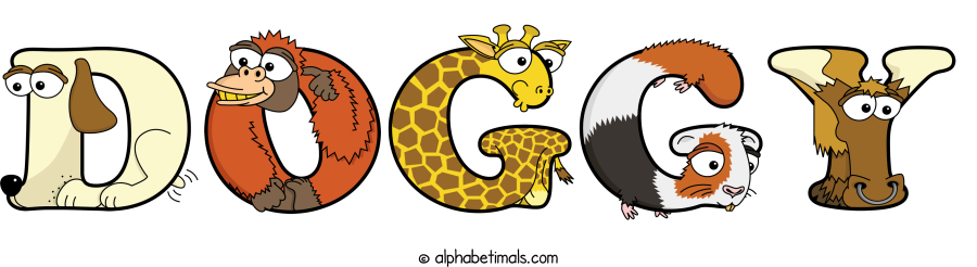 Doggy animal word art spelling Doggy with Alphabetimals - cartoon alphabet animals