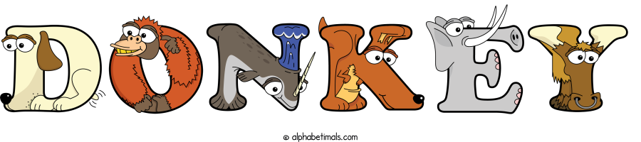 Donkey animal word art spelling Donkey with Alphabetimals - cartoon alphabet animals