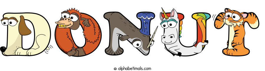 Donut animal word art spelling Donut with Alphabetimals - cartoon alphabet animals