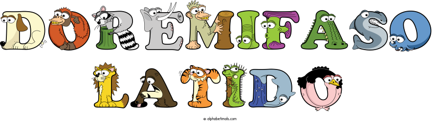 Doremifaso Latido animal word art spelling Doremifaso Latido with Alphabetimals - cartoon alphabet animals
