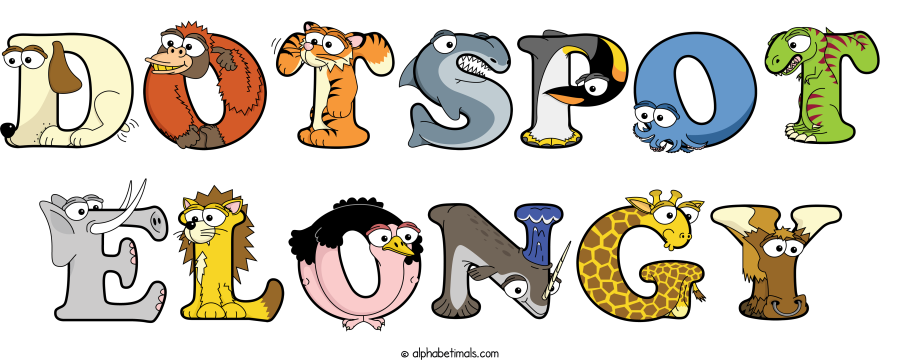 Dotspot Elongy animal word art spelling Dotspot Elongy with Alphabetimals - cartoon alphabet animals