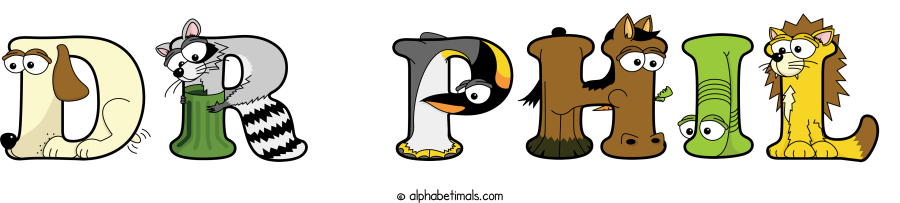Dr Phil animal word art spelling Dr Phil with Alphabetimals - cartoon alphabet animals