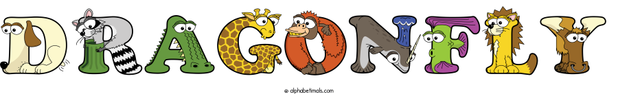 Dragonfly animal word art spelling Dragonfly with Alphabetimals - cartoon alphabet animals