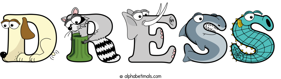 Dress animal word art spelling Dress with Alphabetimals - cartoon alphabet animals