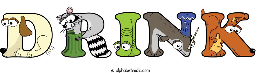 Drink animal word art spelling Drink with Alphabetimals - cartoon alphabet animals