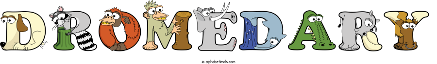 Dromedary animal word art spelling Dromedary with Alphabetimals - cartoon alphabet animals