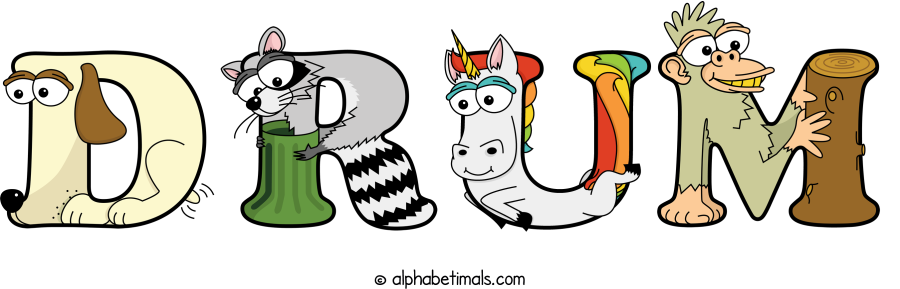 Drum animal word art spelling Drum with Alphabetimals - cartoon alphabet animals