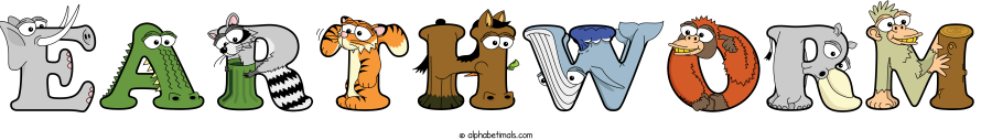 Earthworm animal word art spelling Earthworm with Alphabetimals - cartoon alphabet animals