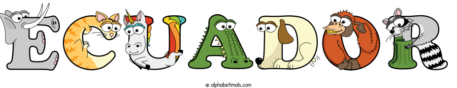 Ecuador animal word art spelling Ecuador with Alphabetimals - cartoon alphabet animals