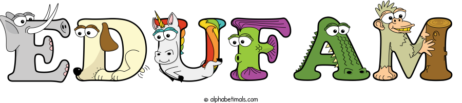 Edufam animal word art spelling Edufam with Alphabetimals - cartoon alphabet animals